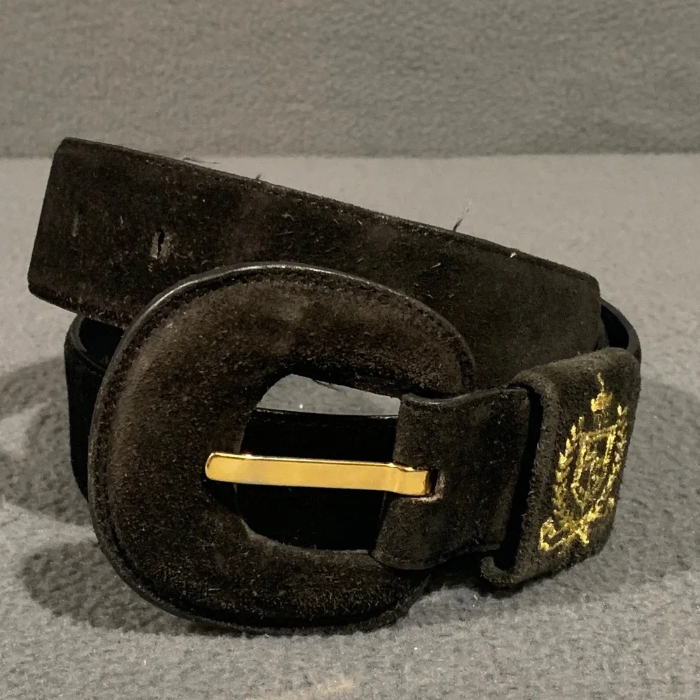 Liz Claiborne Vintage Black Suede Leather Crest Belt Gold Buckle Heritage Dark L